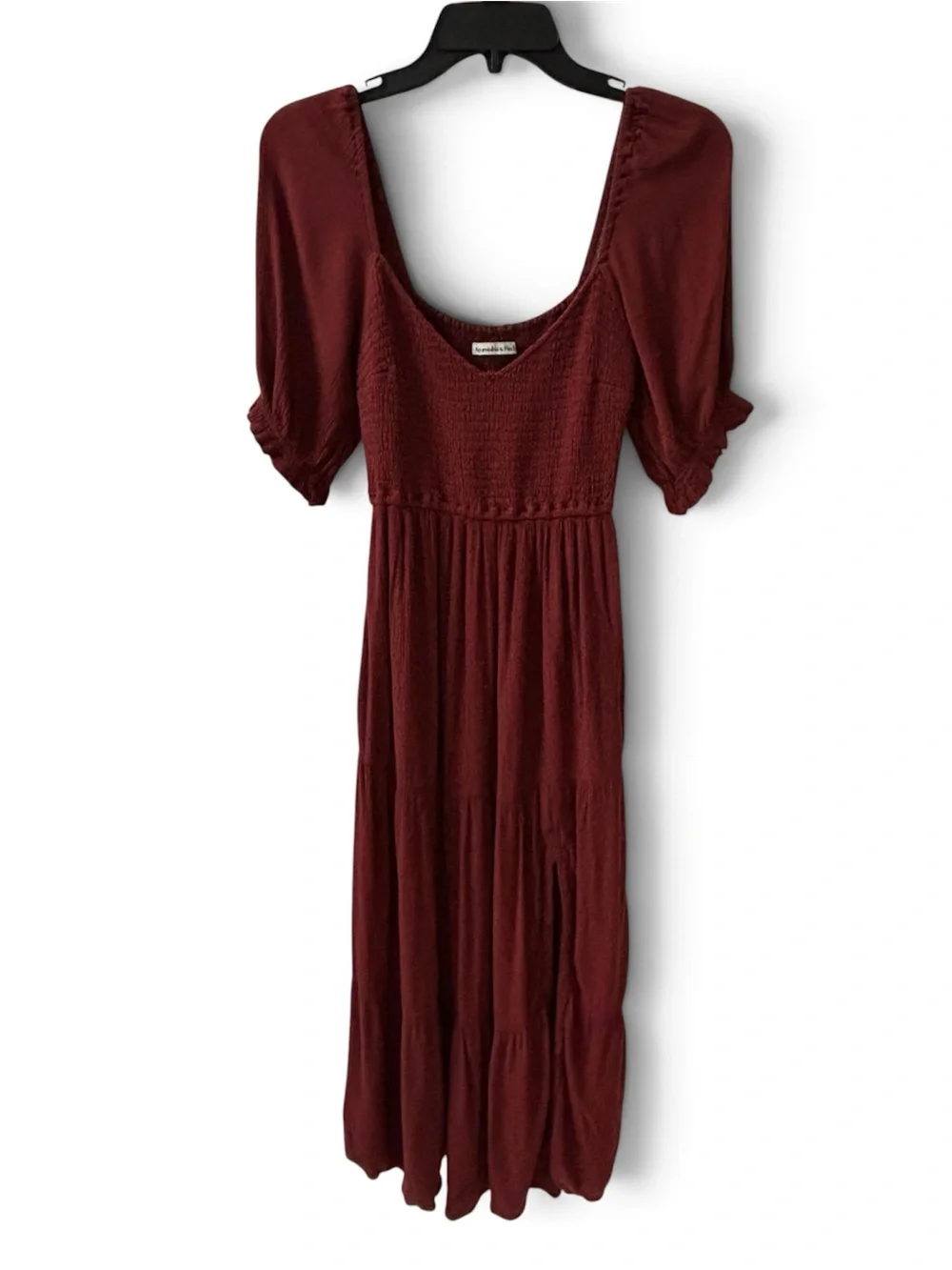 Abercrombie & Fitch Smocked Bodice Puff Sleeve Midi Dress - Burgundy - Size S